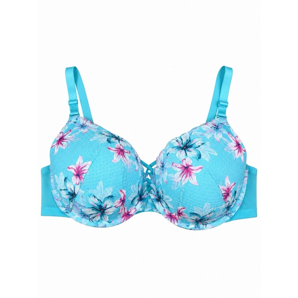 Torrid Push-Up Plunge Bra 48C Turquoise Blue Floral Lace Strappy